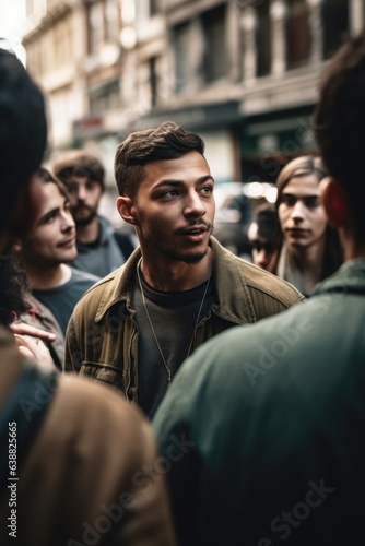 shot of a young man talking to a group of people in the city © Natalia