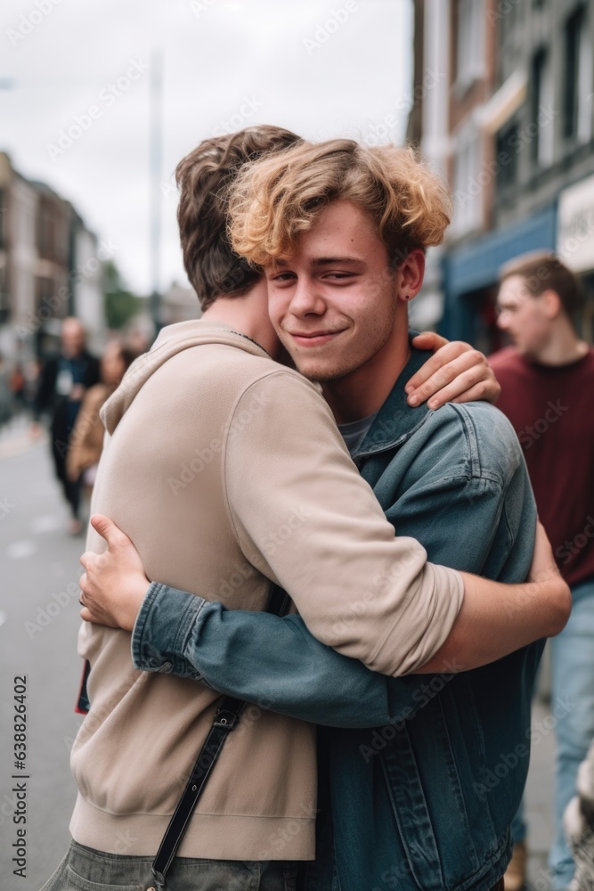 a young man being hugged by a friend out in the street a young man being hugged by a friend out in the street