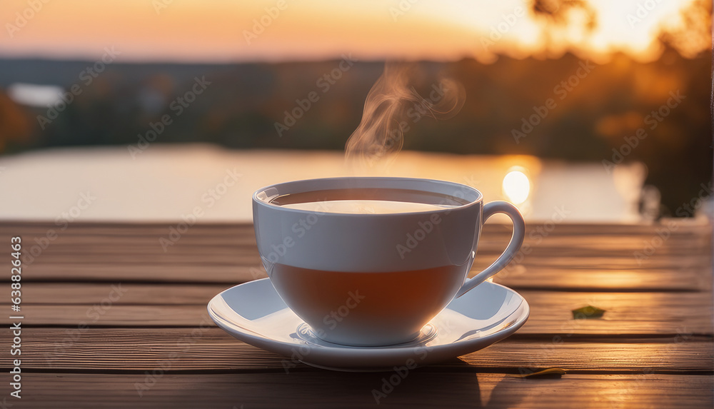 A cup of tea standing on a saucer on the background of a wooden tabletop and a mountain landscape 