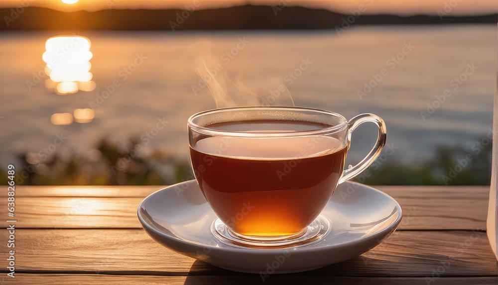 Obraz premium A cup of tea standing on a saucer on the background of a wooden tabletop and a mountain landscape 