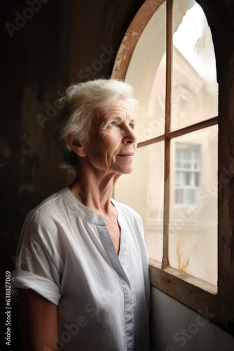 portrait of a woman looking through an arched window in a large building