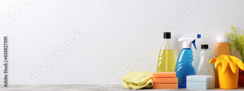 Cleaning home  banner with copy space. A creative composition of cleaning products and appliances for housework.