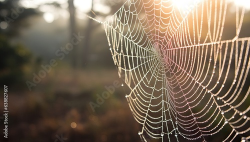 Spider web with dew drops in morning light. Nature background.