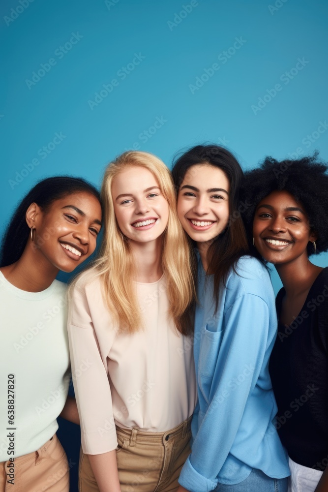 studio shot of a group of friends standing together against a blue background