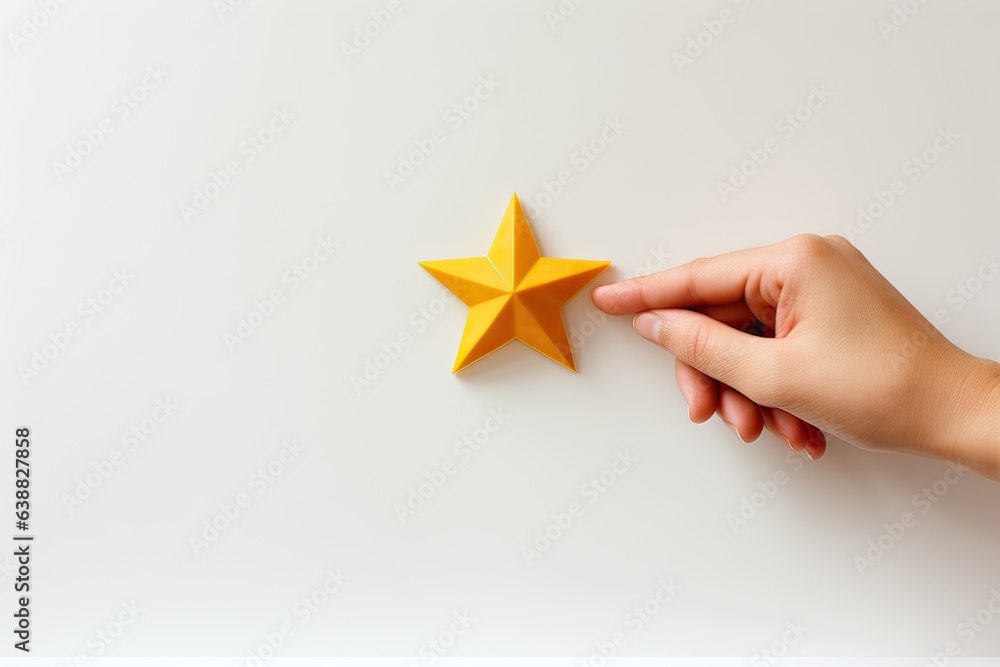 Obraz premium Female hand holding a paper star on a white background. Top view