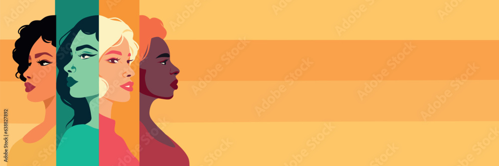Vector flat banner for women's day, beautiful women of different cultures and nationalities stand side by side. Vector concept of movement for gender equality and women empowerment