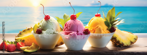 Creative horizontal summer fruity ice cream banner template. Assortment of delicious tropical sorbet and milk ice cream balls.