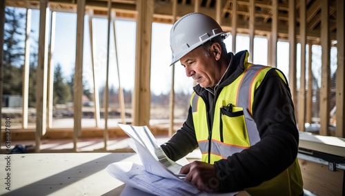 Architect working on blueprint at a construction site. Architectural concept