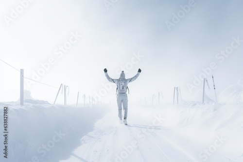 Young woman in suit walking on snowy road. © Meow Creations