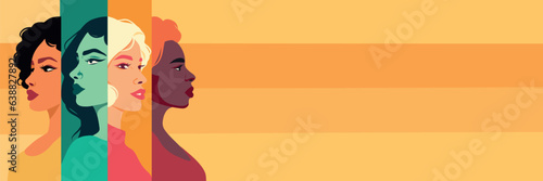 Vector flat banner for women's day, beautiful women of different cultures and nationalities stand side by side. Vector concept of movement for gender equality and women empowerment