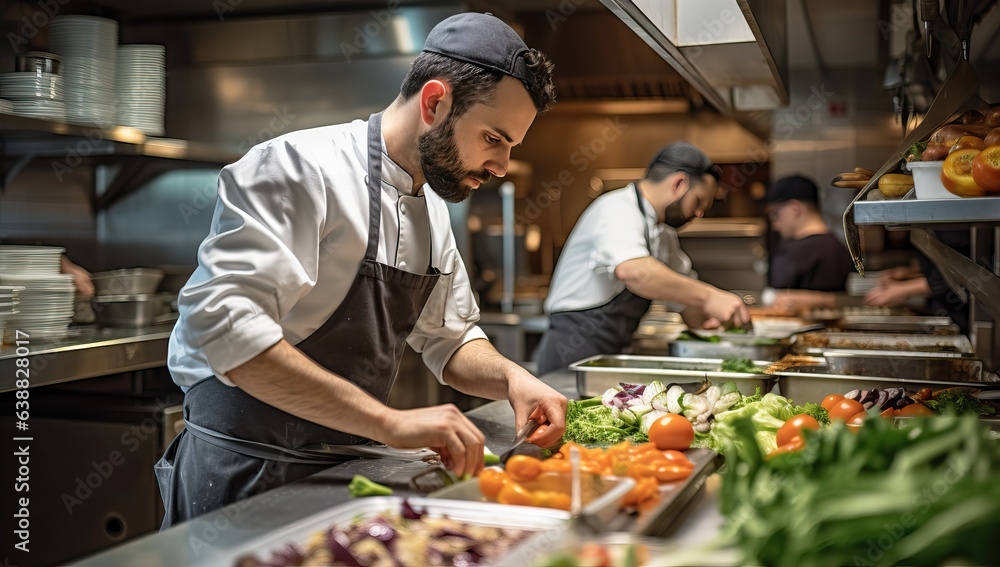 Handsome chef preparing vegetable salad in commercial kitchen of restaurant or hotel Handsome chef preparing vegetable salad in commercial kitchen of restaurant or hotel