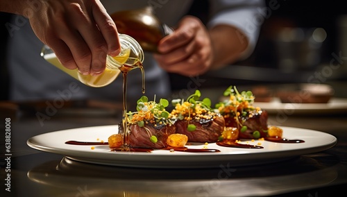 Chef pouring sauce on a piece of meat on a white plate