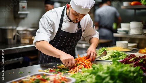 Fotografia Chef preparing vegetable salad in the kitchen of a restaurant or hotel