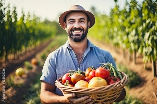 Portrait of a smiling farmer holding a basket full of fresh tomatoes on the field