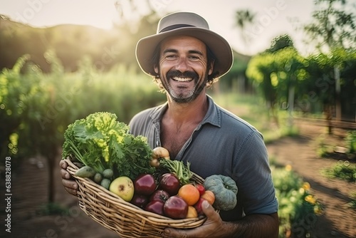Portrait of a smiling farmer holding a basket full of fresh vegetables