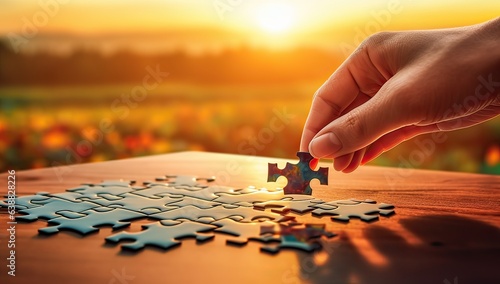 Hand of businesswoman connecting jigsaw puzzle pieces on wooden table.