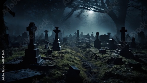 Gravestones in the cemetery at night with fog. Halloween concept
