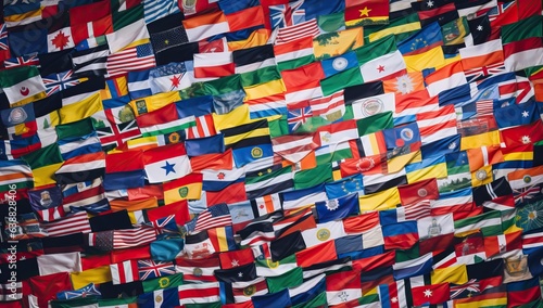 Background of many different flags. The concept of the international community. photo