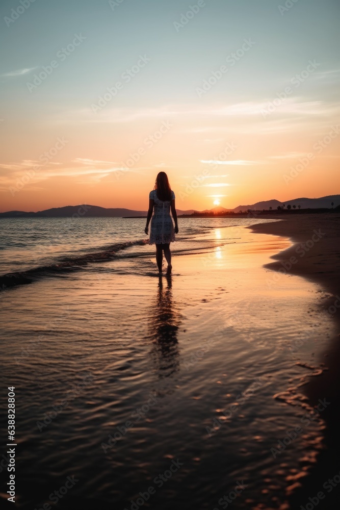 rearview shot of a young woman walking along the sea shore during sunset