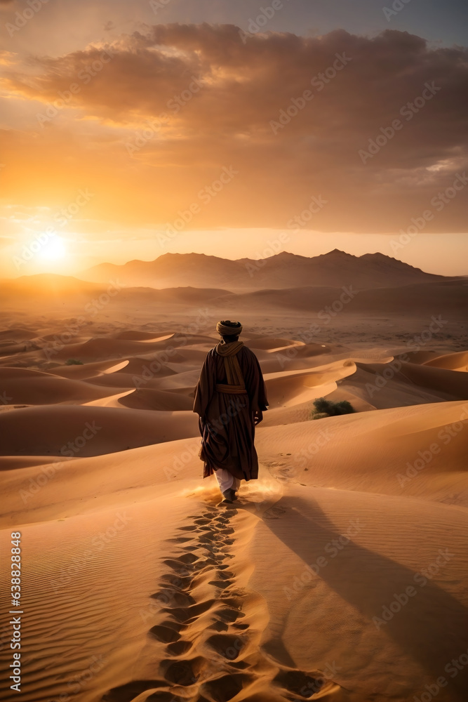 A man in traditional Persian attire, standing atop a sand dune, silhouetted against a blazing desert sunset, astride a camel laden with maps and fabrics, ready to embark on an ancient journey. A man in traditional Persian attire, standing atop a sand dune, silhouetted against a blazing desert sunset, astride a camel laden with maps and fabrics, ready to embark on an ancient journey.