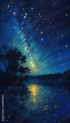 A stylized, impressionistic painting of a starry night sky with a single shooting star. © tal