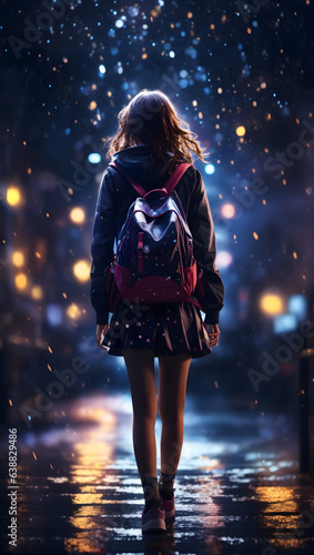Bold full-body graphic illustration, shoots from back, school girl with a backpack, dark lights, nightmare, stary night, splash arts, bokeh, photo, 8k.