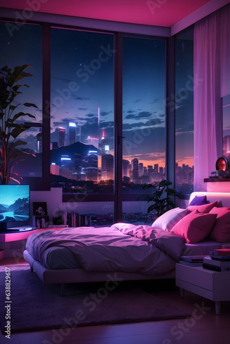 night ambient room with rgb light with computer tv and Ps5 also with bed and beautiful view from window