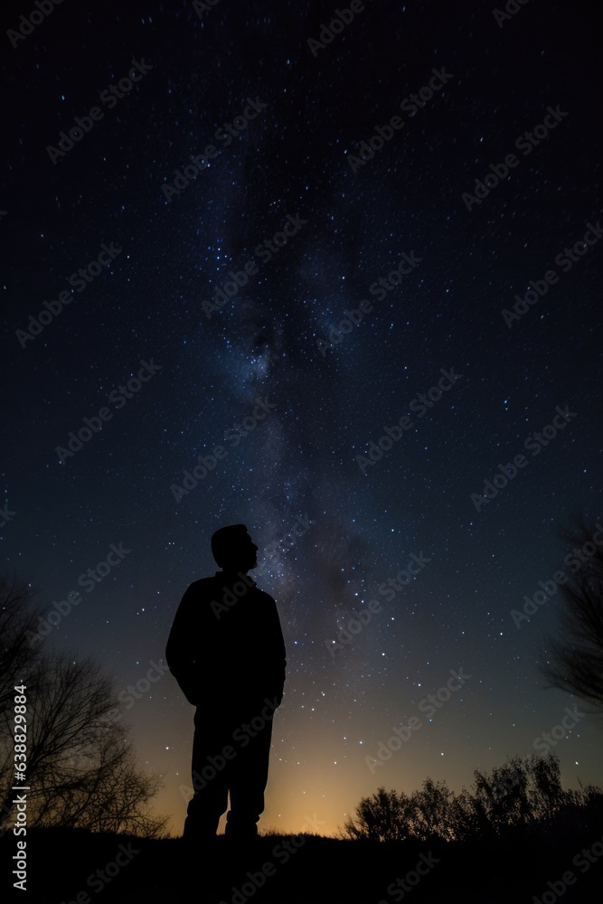 silhouette of a man standing outside and looking at the stars in the sky