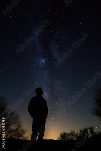 silhouette of a man standing outside and looking at the stars in the sky