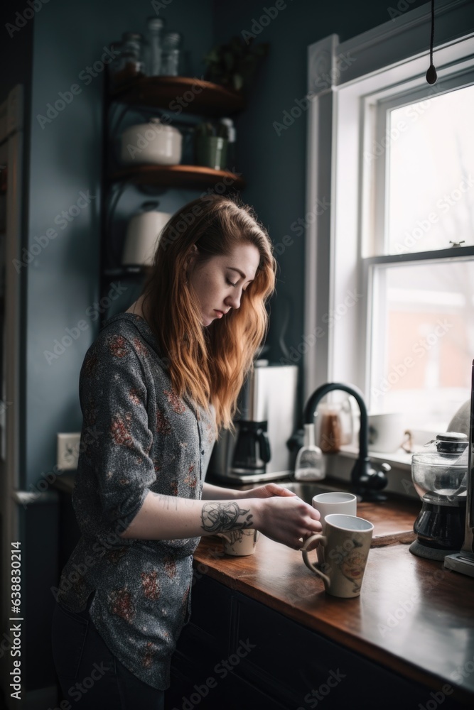 a young woman making coffee while standing in her kitchen