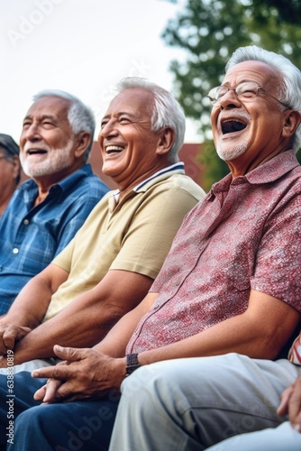 shot of a group of senior men having fun while watching a movie outdoors
