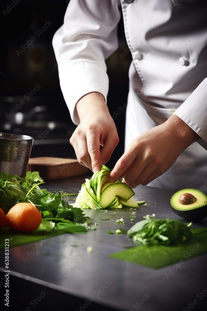 shot of a chef preparing food with avocado