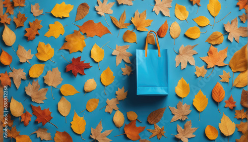 A blue paper shopping bag rests on a blue background with autumn leaves photo