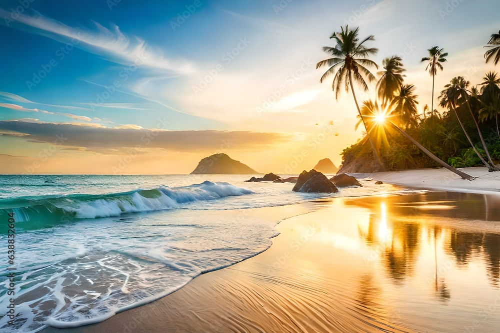 Nature landscape tropical beach with palm trees and crystal clear sea water.