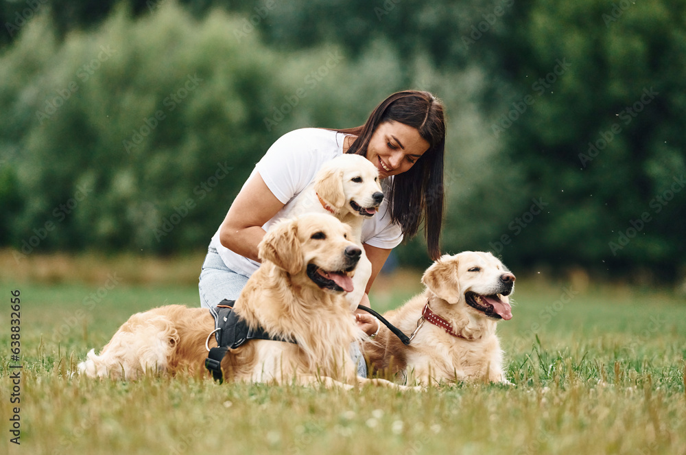 Sitting on the ground. Woman with beautiful dogs are in the field outdoors