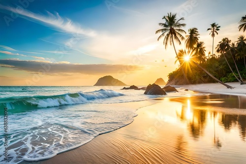 Nature landscape tropical beach with palm trees and crystal clear sea water.