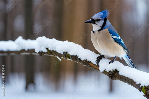 Fotografia A single blue jay from back looking aside perched on a cold winter day with blur
