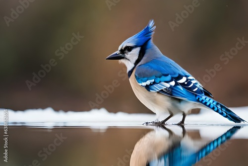 A single blue jay from back looking aside perched on a cold winter day with blur background