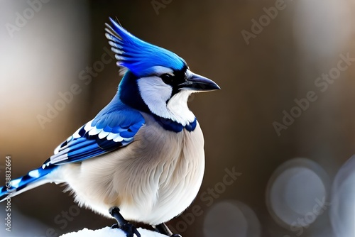 A single blue jay from back looking aside perched on a cold winter day with blur background
