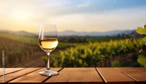 a wooden tabletop with a glass of wine against a hazy vineyard landscape for display or montage of the product