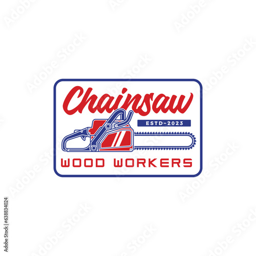 chainsaw wood work badge logo vector illustration. for printing, stickers, labels, company logos