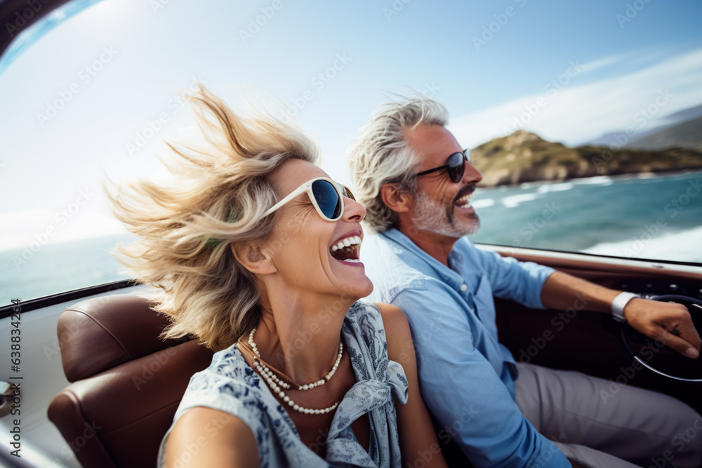 Happy smile aged couple man and woman traveling in car convertible the coast on summer sunny day.