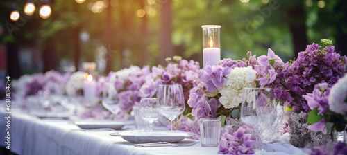 Tables set for an event party or wedding reception. luxury elegant table setting dinner. Beautiful purple flowers decorated on the table. glasses and dishes. Generative AI.