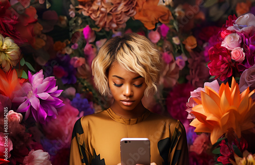 Fotobehang digital mindfulness concept: blonde black woman with bob haircut looking at smar