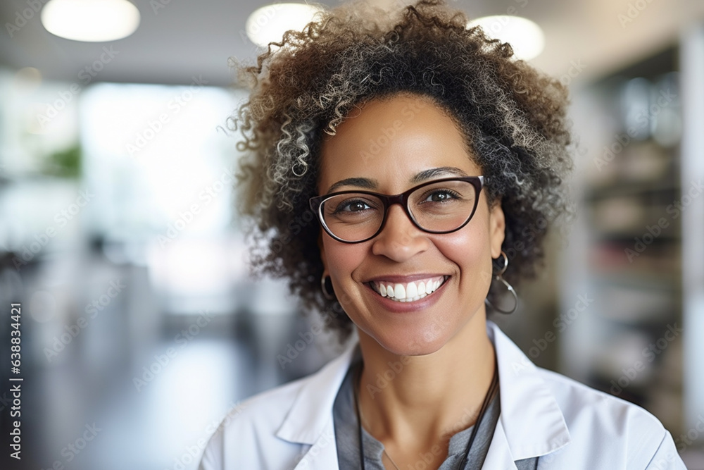 Happy female doctor, black woman smiling in her office at the hospital, pediatrics specialist providing medical services, consultations, treatment Happy female doctor, black woman smiling in her office at the hospital, pediatrics specialist providing medical services, consultations, treatment