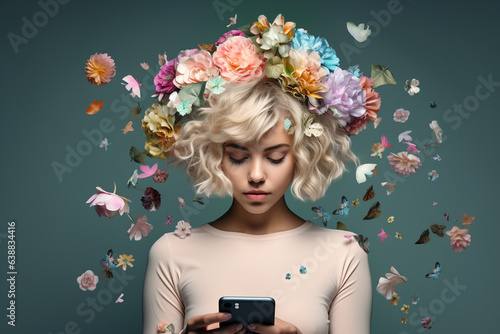 Foto digital mindfulness concept: blonde woman with bob haircut looking at smartphone