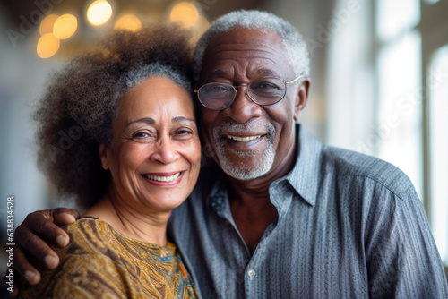 Portrait Happy black elderly, senior couple smiling at home, man with his wife at home, enjoying together.