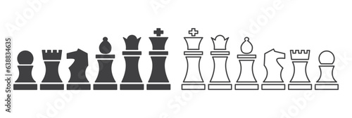 Chess pieces icon set. Included icon king, queen, bishop, knight, rook, pawn. linear isolated on white background. Chess pictogram. Set of chess icons in line style Vector symbols.