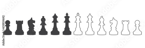 Icon set of Chess pieces. Included icon king, queen, bishop, knight, rook, pawn. Silhouettes isolated on white background. Chess pictogram. Set of strategy icons in line style Vector symbols.