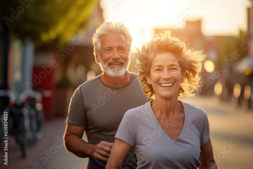 Active sporty middle aged couple running in the city, happy man and woman jogging together outdoors, having workout.